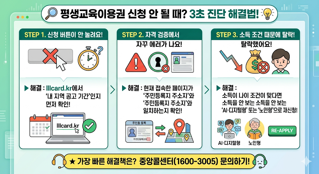 평생교육이용권 탈락 이유 및 유형별 재신청 방법 인포그래픽