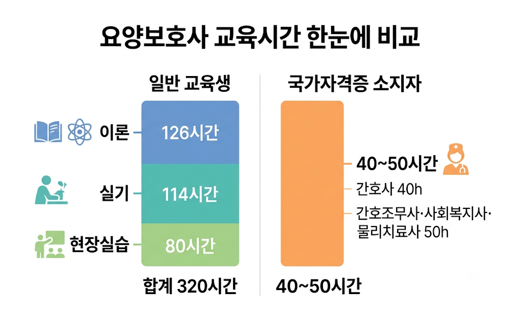 요양보호사 일반교육생, 국가자격증 소지자 교육시간 비교