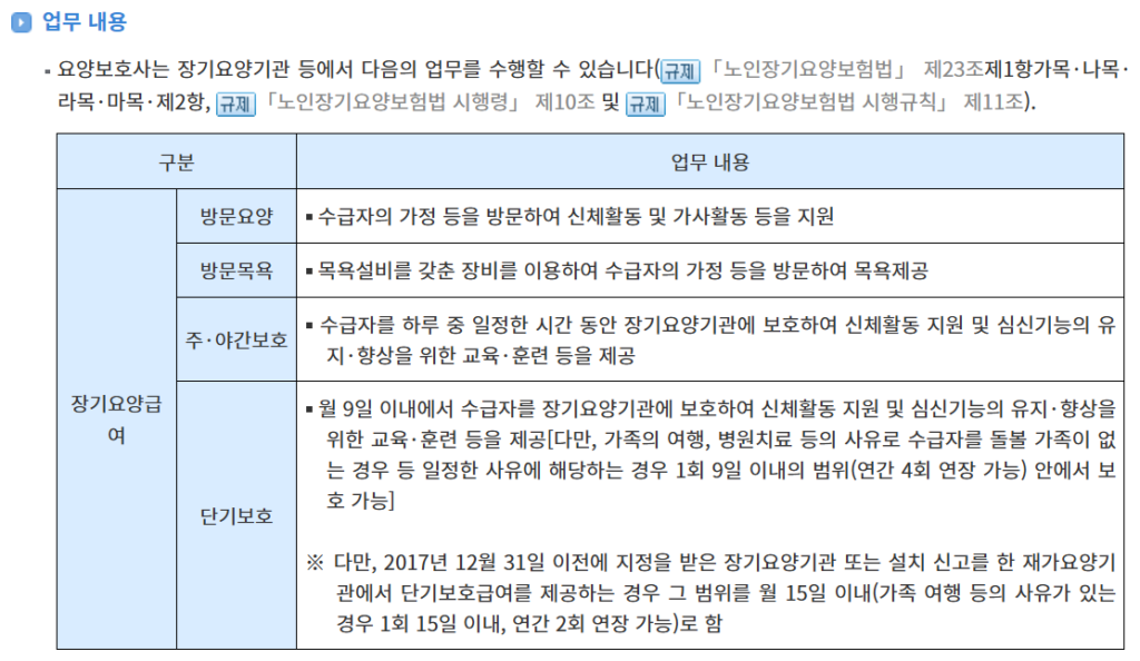 요양보호사 하는일 신체활동 일상생활 인지활동 지원 업무 범위