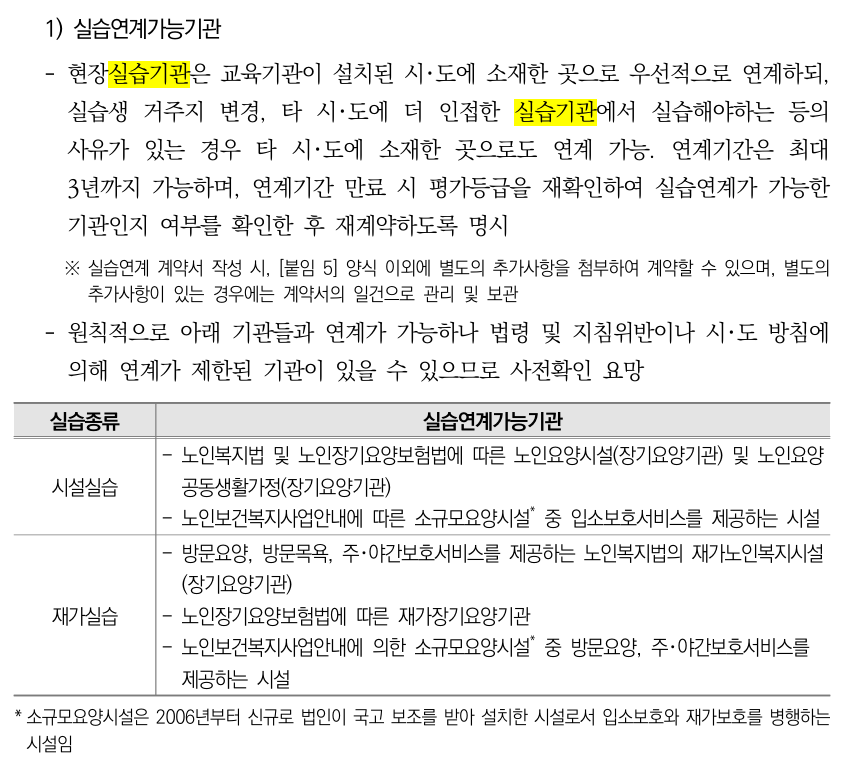 요양보호사 현장실습 시작 전 확인사항 실습기관 지정 서류 승인 규정