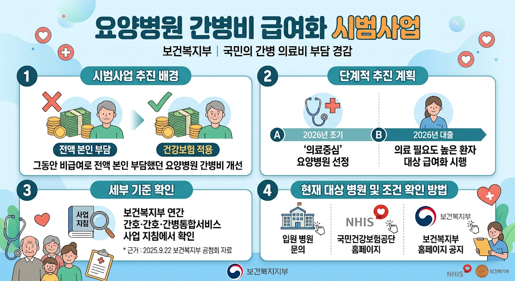 요양병원 간병비 급여화 시범사업 추진배경 단계적 계획 대상병원 확인방법 인포그래픽