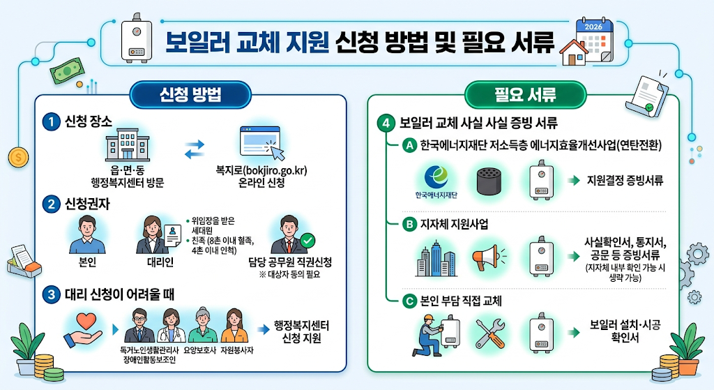 보일러 교체 지원 신청방법 신청권자 필요서류 증빙서류 안내 인포그래픽