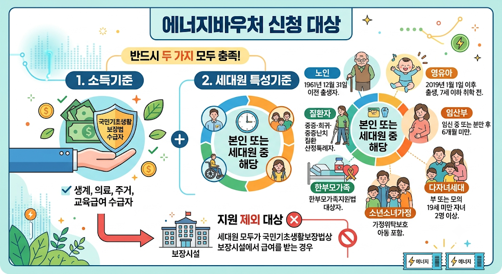 에너지바우처 신청대상 소득기준 세대원특성기준 노인 영유아 장애인 임산부 인포그래픽