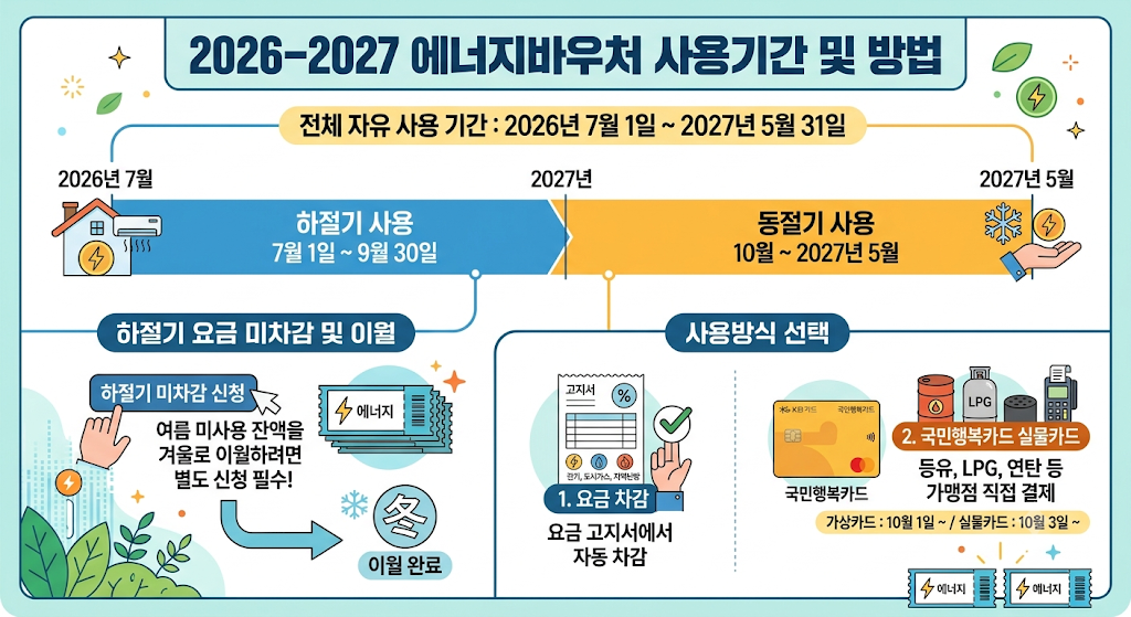 에너지바우처 하절기 동절기 사용기간 요금차감 국민행복카드 사용방법 인포그래픽