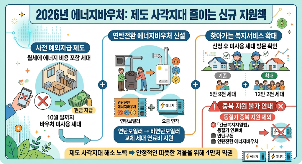 에너지바우처 사전예외지급 연탄전환바우처 찾아가는복지서비스 중복지원불가 안내 인포그래픽