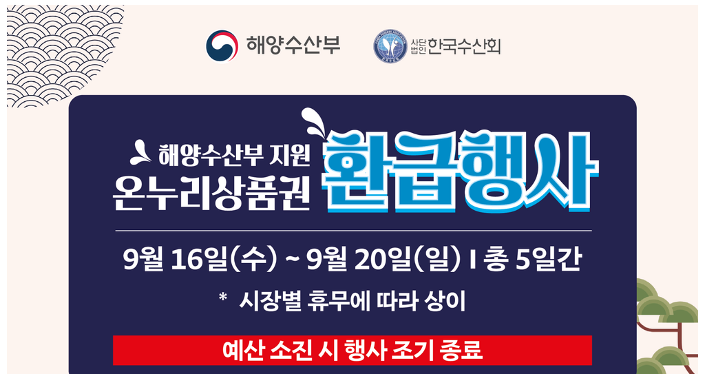 추석 전통시장 환급행사 단 5일, 지금 안 사면 2만원 날립니다 2 해양수산부 지원 온누리상품권 환급행사 9월 16일부터 20일까지 5일간 안내 배너