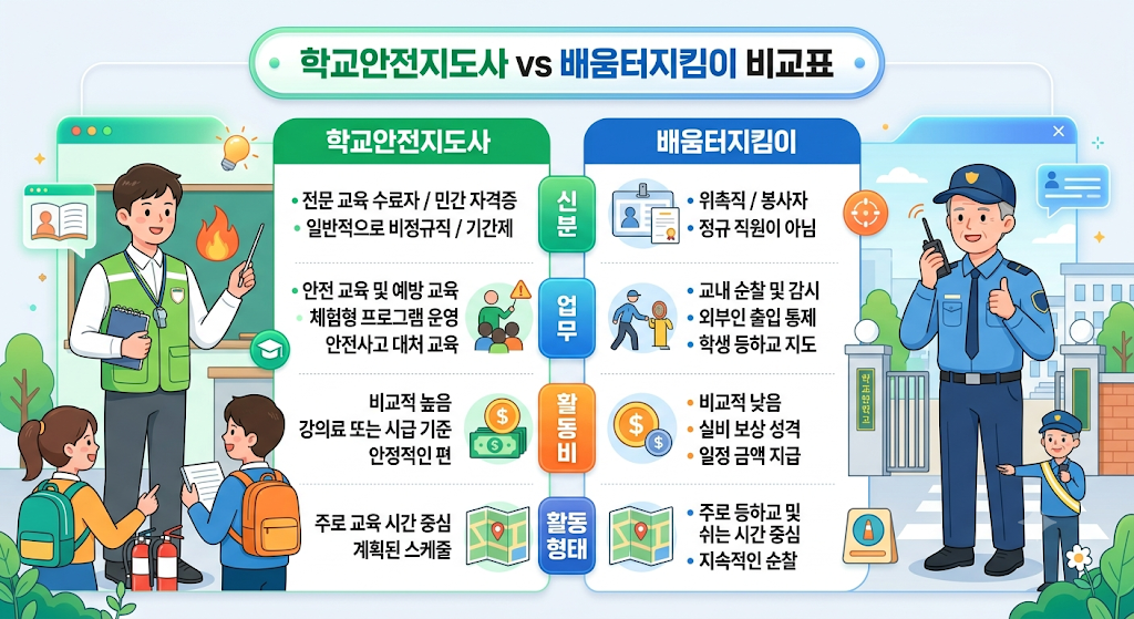 학교안전지도사 배움터지킴이 신분 업무 활동비 비교표