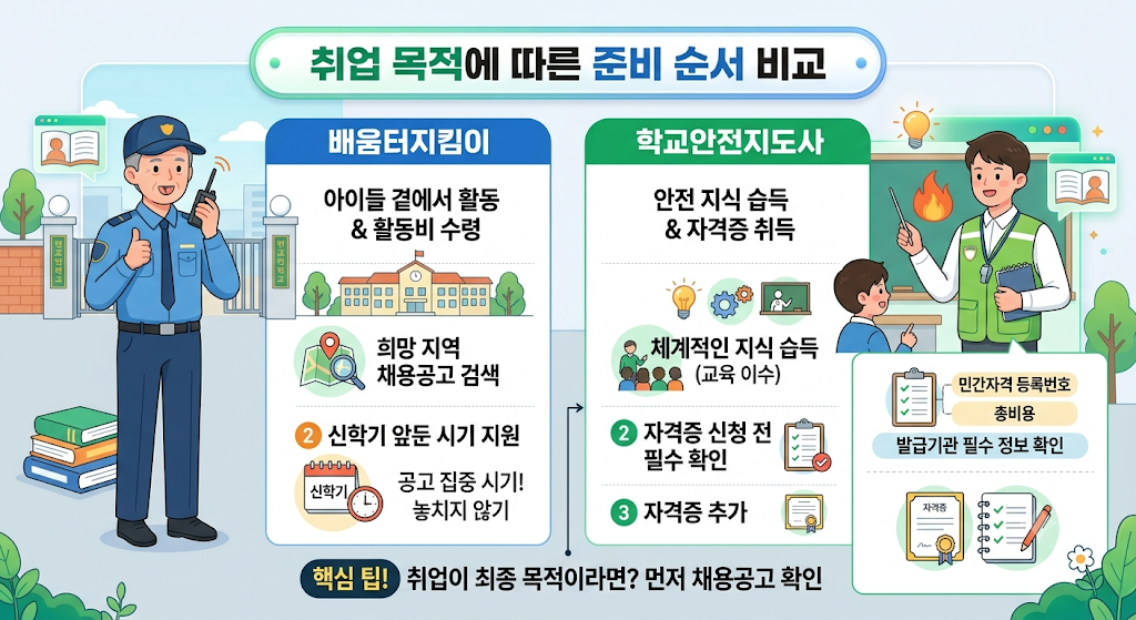 학교안전지도사 배움터지킴이 취업 목적별 준비 순서 비교 인포그래픽