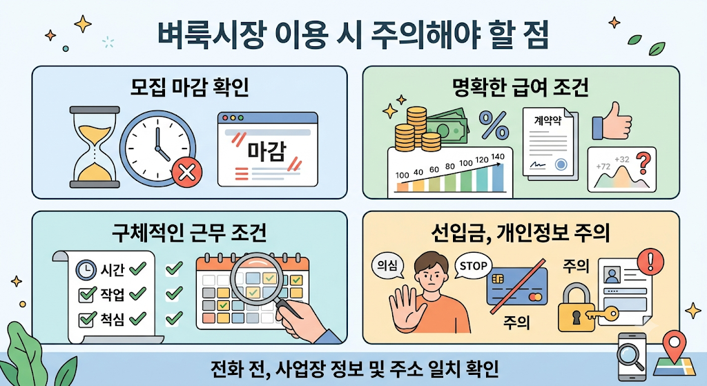 광주 벼룩시장 구인구직 | 5분만에 일자리 찾기 5 벼룩시장 구인구직 이용 시 주의해야 할 점 4가지, 모집 마감 확인과 급여 조건 확인 안내 인포그래픽