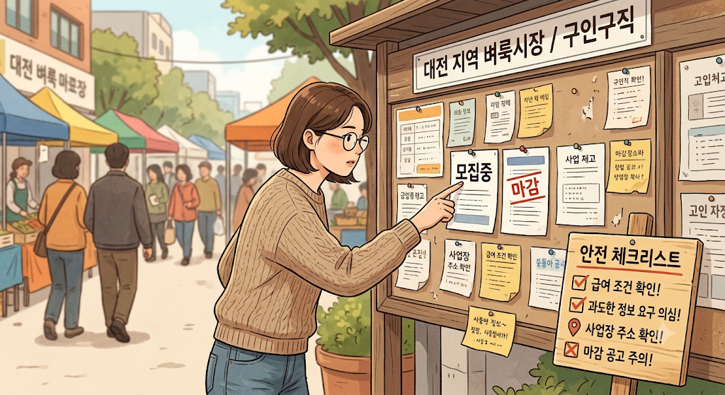 대전 벼룩시장 구인구직 게시판에서 채용 공고를 확인하는 여성과 안전 체크리스트 일러스트