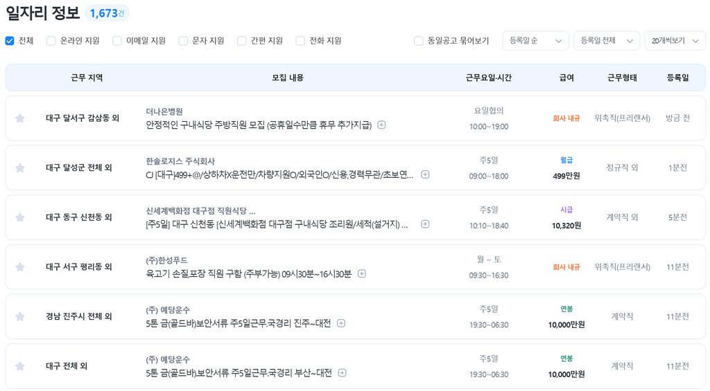 벼룩시장 대구 지역 채용 공고 리스트, 근무지역과 급여 정보 표시