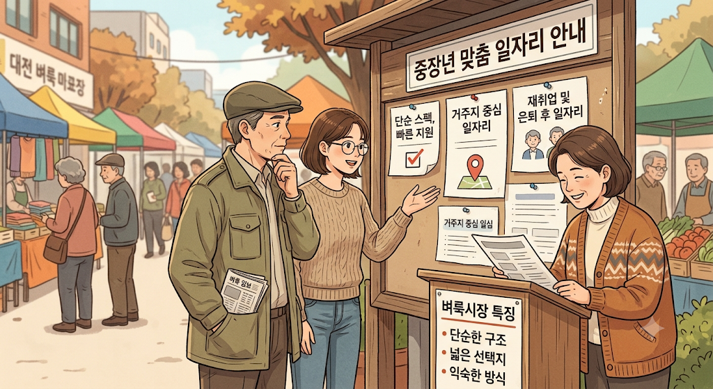 벼룩시장 구인구직 중장년 맞춤 일자리 안내판을 살펴보는 구직자 일러스트