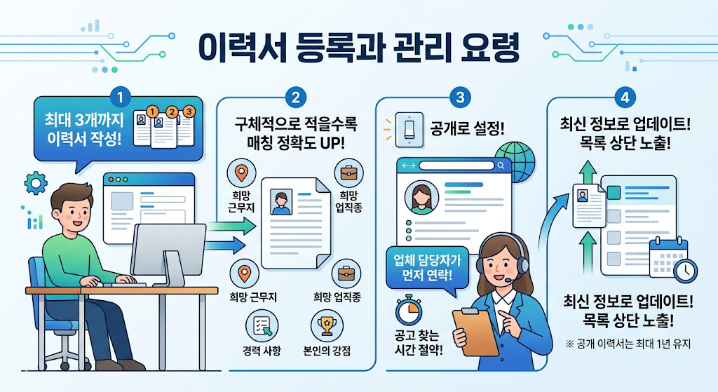 벼룩시장 구인구직 이력서 등록과 관리 요령 4단계 인포그래픽, 최대 3개 작성부터 공개 설정까지