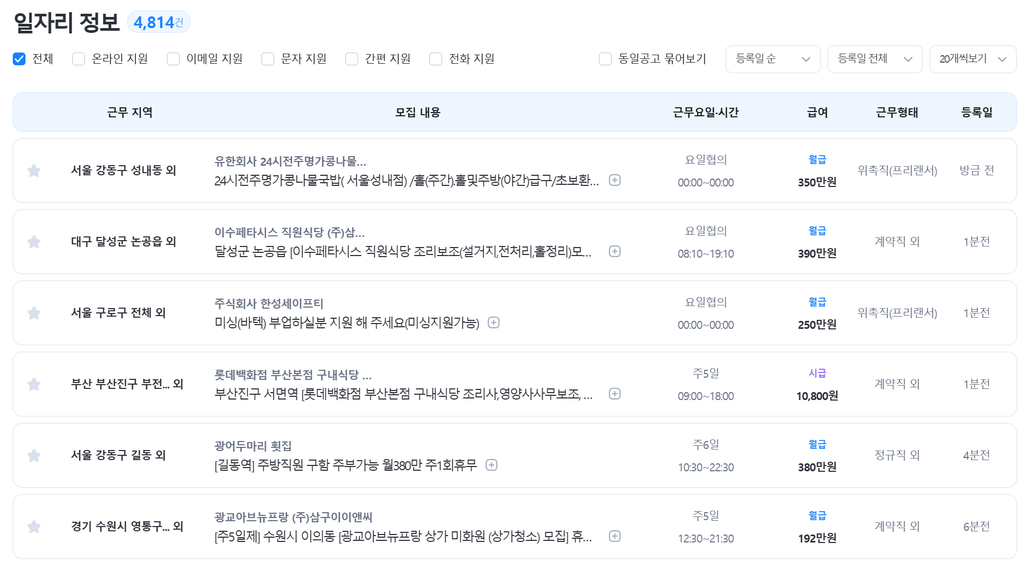 벼룩시장의 노년관과 중장년관 등 대상별 전문관 목록 화면