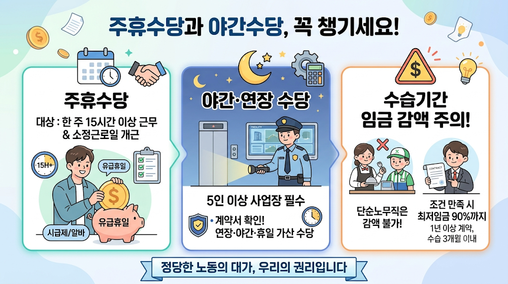 주휴수당과 야간·연장 수당, 수습기간 임금 감액 조건을 정리한 인포그래픽