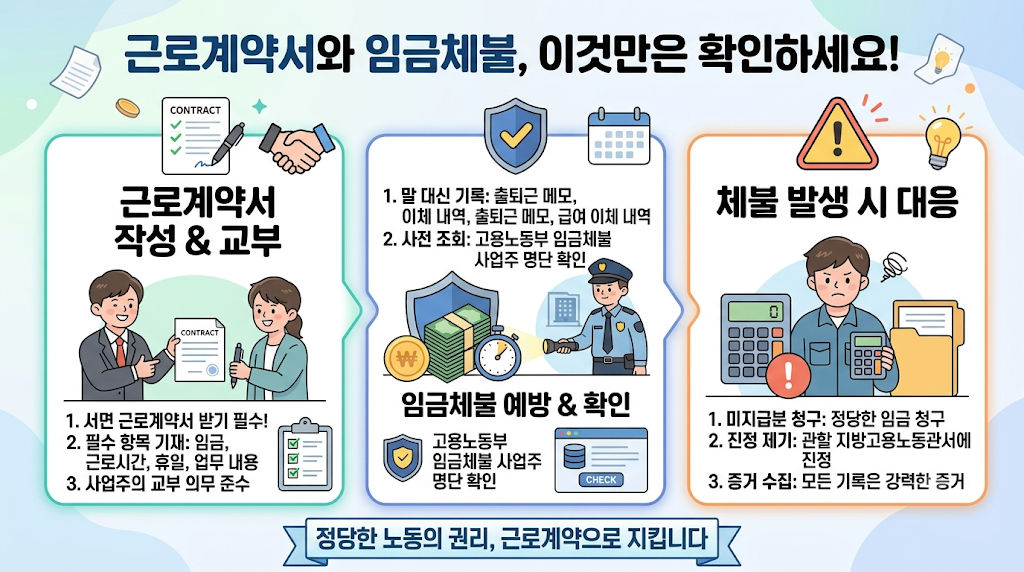 근로계약서 교부와 임금체불 대응 방법을 정리한 인포그래픽