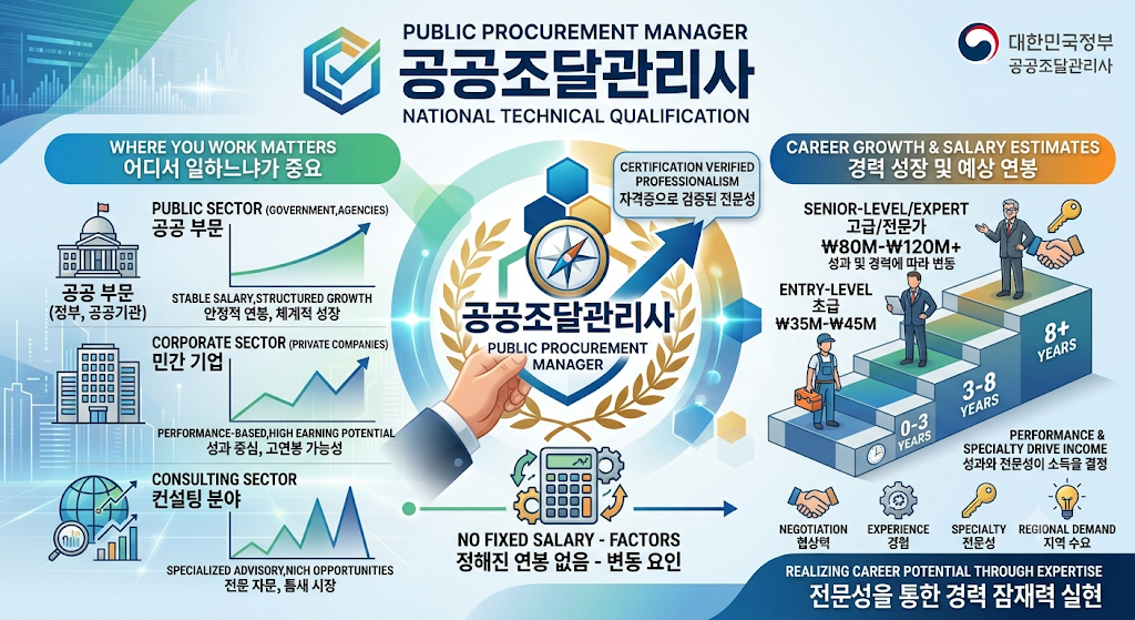 공공조달관리사 근무처별 경력 성장과 예상 연봉 비교 인포그래픽