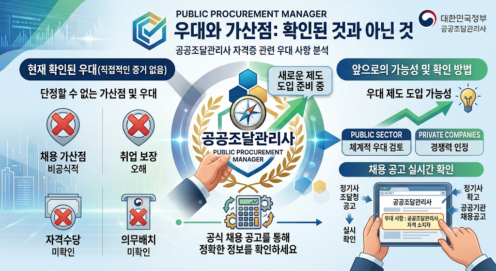 공공조달관리사 채용 가산점과 취업 우대 여부 확인 사항 인포그래픽