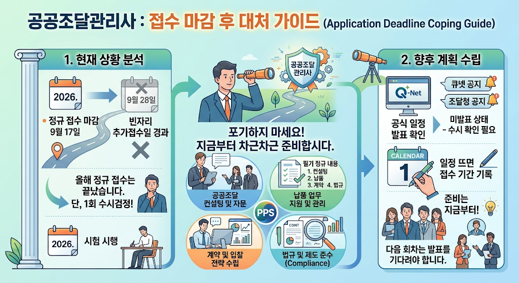공공조달관리사 필기 접수 마감 후 대처 방법 인포그래픽, 큐넷과 조달청 공지 확인 후 다음 회차 접수 기간 기록하기