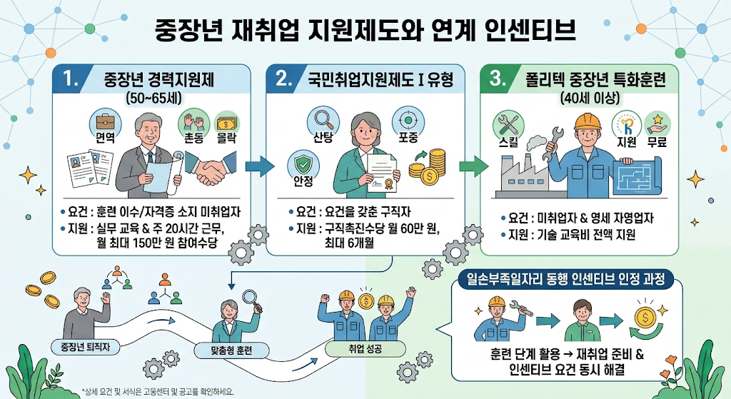 중장년 경력지원제, 국민취업지원제도 1유형, 폴리텍 중장년 특화훈련 비교와 동행 인센티브 인정 과정 연계 인포그래픽