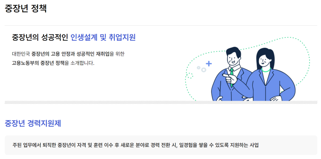 중장년경력지원제 제도 신청 대상, 최대 150만 원 지원 모르면 손해 2 고용노동부 중장년 정책 페이지의 중장년 경력지원제 소개 화면, 퇴직 중장년의 자격·훈련 이수 후 경력 전환 일경험 지원 사업