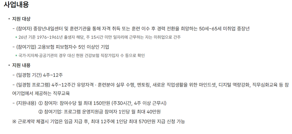 중장년경력지원제 제도 신청 대상, 최대 150만 원 지원 모르면 손해 3 중장년 경력지원제 사업내용 화면, 지원 대상 50세에서 65세 미취업 중장년과 참여기업 5인 이상 요건, 참여수당 월 최대 150만 원