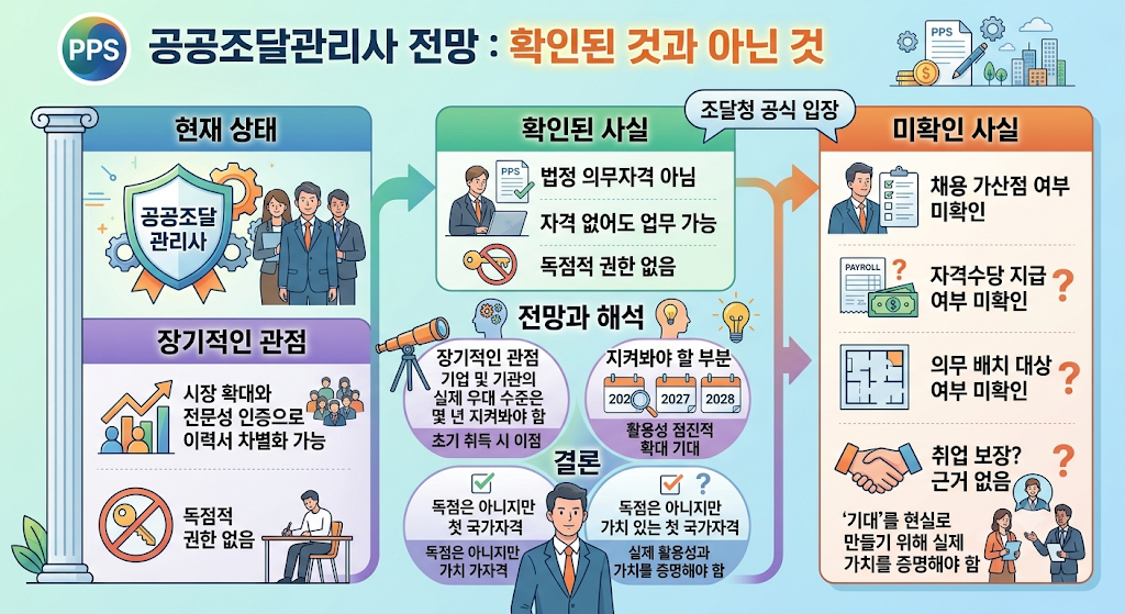 공공조달관리사 전망에서 확인된 사실과 미확인 사실을 비교한 인포그래픽, 채용 가산점과 자격수당 지급 여부는 미확인