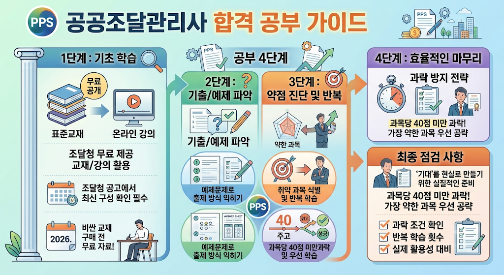 공공조달관리사 공부 4단계 가이드 인포그래픽, 무료 표준교재로 기초 학습 후 예제문제와 약점 반복, 과목당 40점 미만 과락 방지