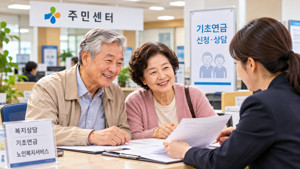 주민센터에서 기초연금 신청 상담을 받는 부부
