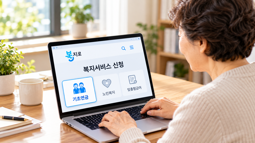 노트북으로 기초연금 온라인 신청을 진행하는 중장년