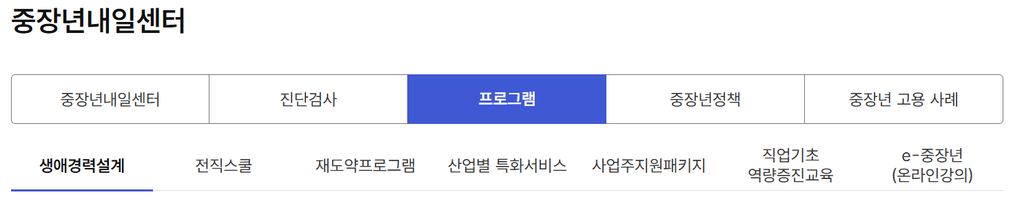 중장년내일센터 대상자 안내, 재직 중 생애경력설계, 퇴직 전 전직스쿨, 퇴직 후 재도약 프로그램