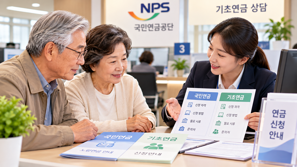 연금 상담 창구에서 국민연금과 기초연금 신청방법을 안내받는 노년 여성