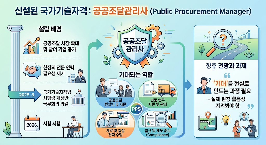 공공조달관리사 신설 배경과 기대 역할을 정리한 인포그래픽, 공공조달 시장 확대부터 국가기술자격법 시행령 개정안 의결, 시험 시행까지